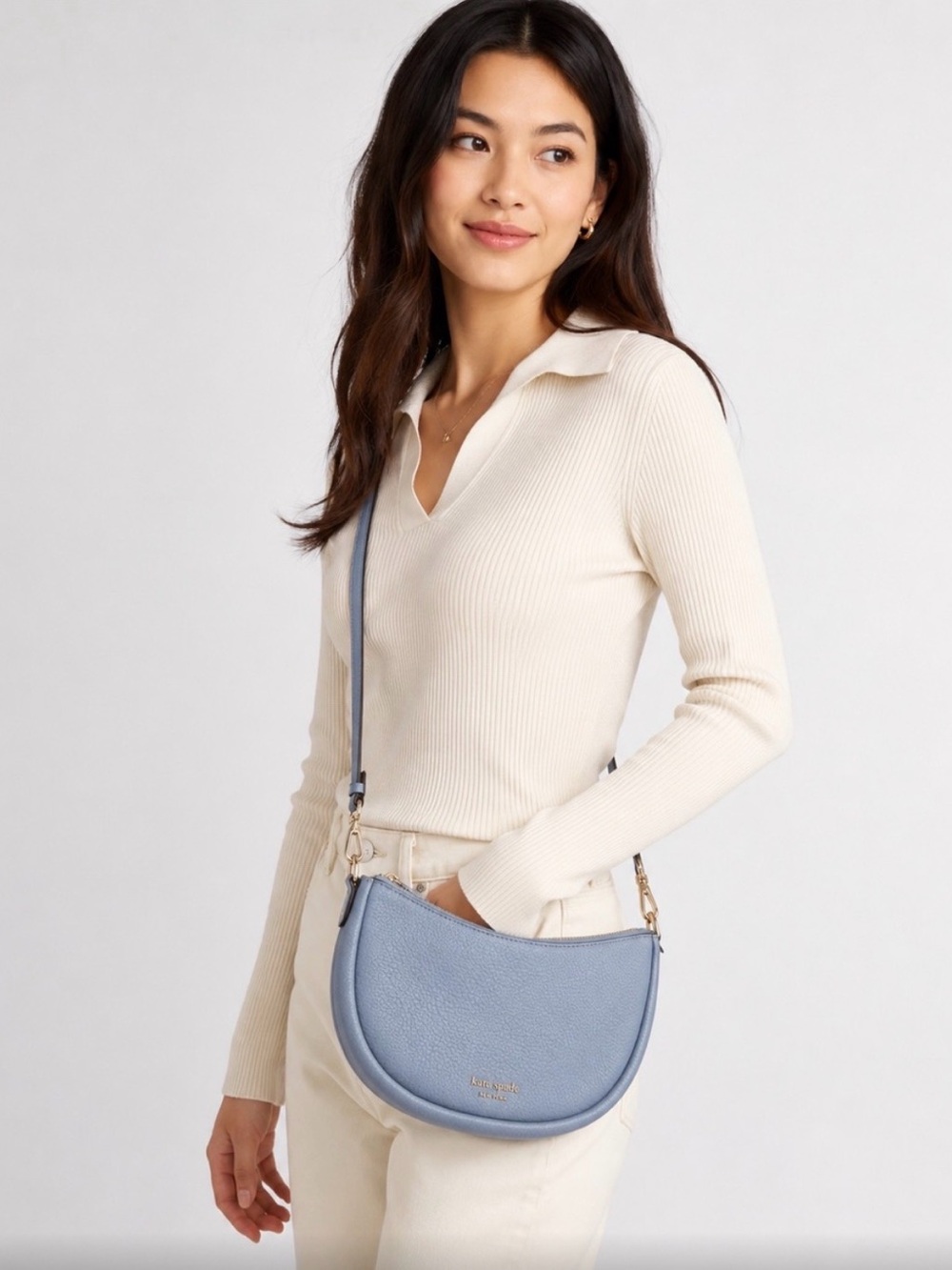 SET OF 2 Kate Spade Powder Blue Pebbled Leather Crescent Crossbody and a Wallet